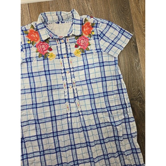 Johnny Was Women's Large Poplin Shirt Dress Tunic Plaid Embroidered Floral - Picture 5 of 15
